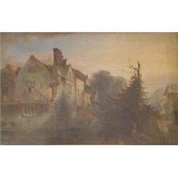 Alfred Montague (fl. 1832-1883) oil on canvas, Continental landscape with figures and houses besi...
