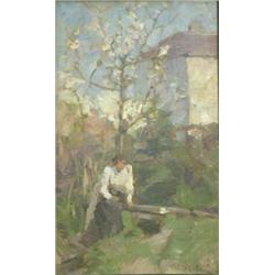 Matvig oil on mahogany panel, Woman seated in a garden, indistinctly signed, 10.5 x 6 ins....
