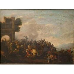 18th century Italian School oil on canvas, Soldiers in battle beside a ruined arch, 20 x 26 ins....
