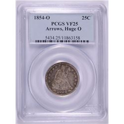 1854-O SEATED QUARTER PCGS VF-25 HUGE "O" RARE TOUGH COIN TO FIND PROBLEM FREE