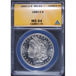 1880-S MORGAN SILVER DOLLAR, ANACS MS-64 CAMEO PL!