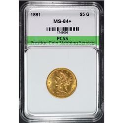 1881 $5 LIBERTY HEAD HALF EAGLE GOLD PCSS CH BU+