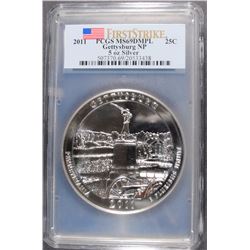 2011 5 Oz. SILVER GETTYSBURG NATIONAL PARKS QUARTER, PCGS MS-69 DMPL 1st STRIKE