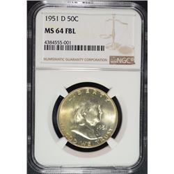 1951-D FRANKLIN HALF DOLLAR, NGC MS-64 FBL