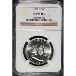 1959-D FRANKLIN HALF DOLLAR, NGC MS-64 FBL