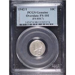 1942/1 MERCURY DIME PCGS GENUINE OVERDATE FS-101