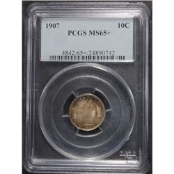 1907 BARBER DIME, PCGS MS-65+ STUNNING RAINBOW COLORS ON REVERSE!
