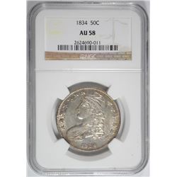 1834 BUST HALF DOLLAR NGC AU-58 GREAT ORIGINAL COIN WITH LOTS OF MINT LUSTER