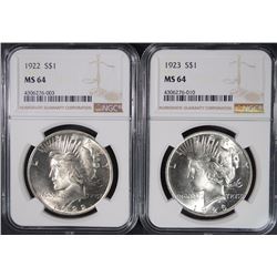 1922 & 1923 PEACE SILVER DOLLARS, NGC MS-64