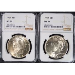 1924 & 1925 PEACE SILVER DOLLARS, NGC MS-64