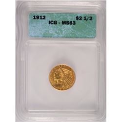 1912 $2.5 INDIAN GOLD COIN ICG MS 63 NICE! SCARCE DATE IN THIS GRADE
