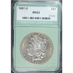 1897-O MORGAN SILVER DOLLAR NTC GRADED CHOICE BU+ RARE, WHITE, VERY NICE
