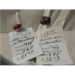 LOT 2 RINGS STERLING RED STONE LIONS INTERNATIONAL