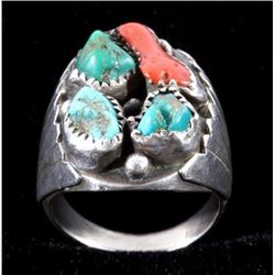 Navajo Turquoise & Coral Nugget Sterling Ring
