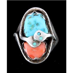 Zuni Turquoise & Coral Silver Snake Ring by Effie