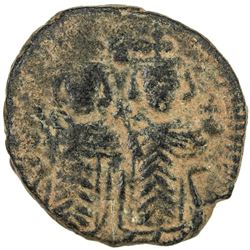 ARAB-BYZANTINE: Two Standing Figures, ca. 680-690, AE fals (4.06g), Dimashq, ND. F-VF
