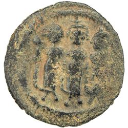 ARAB-BYZANTINE: Three Standing Figures, 685-700, AE fals (2.79g), NM, ND. VF