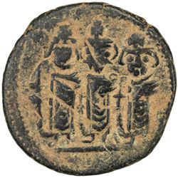 ARAB-BYZANTINE: Three Standing Figures, ca. 685-700, AE fals (4.48g), Dimashq, ND. VF