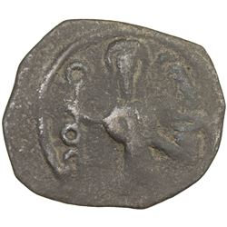 ARAB-BYZANTINE: Standing Caliph, ca. 692-697, AE fals (2.45g), al-Ruha. F