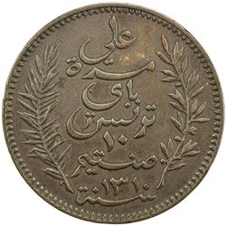 TUNISIA: Ali III Bey, 1882-1902, AE 10 centimes, Paris, 1892-A/AH1310. VF-EF