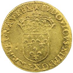 FRANCE: Louis XIII, 1610-1643, AV ecu d'or au soleil (3.34g), Amiens, 1635-X. EF