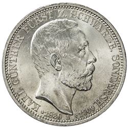 SCHWARZBURG-SONDERSHAUSEN: Karl Gunther, 1880-1909, AR 3 mark, Berlin, 1909-A. UNC
