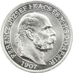 HUNGARY: Franz Joseph I, 1867-1916, AR 5 korona, 1907-KB. PCGS PF67