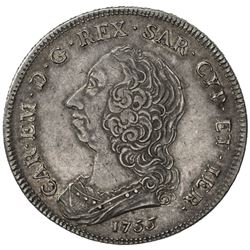 SARDINIA: Carlo Emanuelo III, 1730-1773, AR scudo (35.08g), 1755. AU