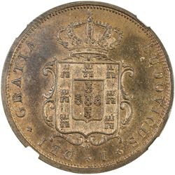 PORTUGAL: Luis I, 1861-1889, pattern AE 5 reis, 1877. NGC MS64