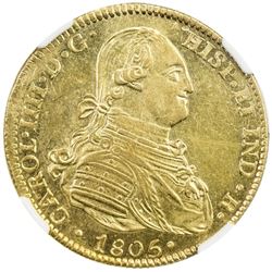 MEXICO: Carlos IV, 1788-1808, AV 4 escudos, 1805-Mo. NGC AU55