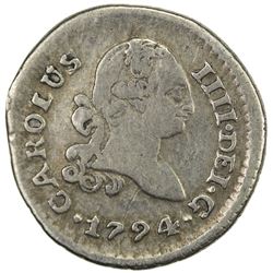 PERU: Carlos IV, 1788-1808, AR 1/4 real (0.81g), Lima, 1794. F