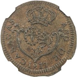 VENEZUELA: Fernando VII, 1808-1823, AE 1/4 real, Caracas, 1817. NGC AU53