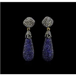 11.46ctw Blue Sapphire and Diamond Dangle Earrings - 14KT Two-Tone Gold