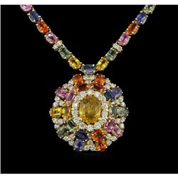 35.30ctw Multi Color Sapphire and Diamond Necklace - 14KT Yellow Gold