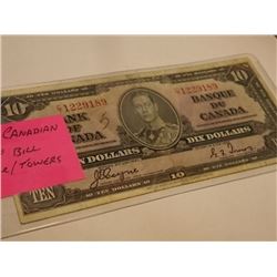 MONEY'S - 1937 CANADIAN $10 BANKNOTE