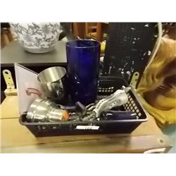 BASKET OF BAR ITEMS - BOTTLE OPENERS - SHAKER - COBALT BLUE SHOOTER GLASS AND MORE