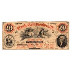 1858 $20 Bank of the Common Wealth Richmond, VA Bank Note