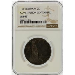 1914 Norway 2K Constitution Centennial Coin NGC Graded MS62