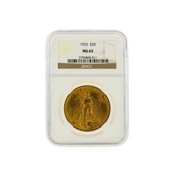 1922 $20 St. Gaudens Double Eagle Gold Coin NGC Graded MS65