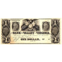 1800's $1 Bank of the Valley in Virginia Obsolete Currency Note