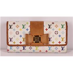 Authentic Louis Vuitton White Multicolor Monogram Bow Sarah Wallet