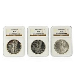 3 Coin Set 1993-1995 $1 American Silver Eagle Coins NGC MS69