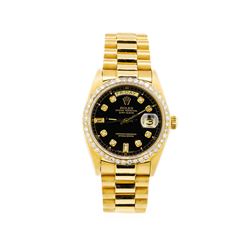 Mens 18KT Yellow Gold Rolex President Watch with Diamond Bezel & Dial