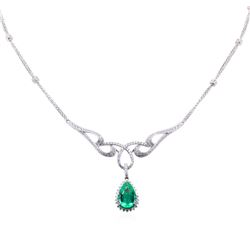 14KT White Gold 4.06ct Emerald and Diamond Necklace