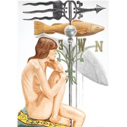 Philip Pearlstein, Nude Model with Banner, Fish Weathervanes, Lithograph