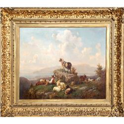 P. Reichardt, Mountain Landscape with Goatherd and Goats, Oil Painting