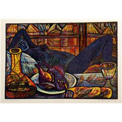 Esteban Fekete, Lounging Blue Nude, Woodcut