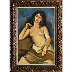 Jan De Ruth, Seated Nude in Yellow Skirt, Oil Painting