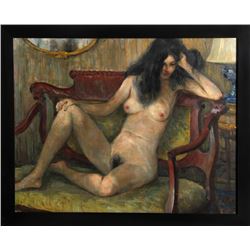 Marshall Goodman, Brunette Nude on Settee, Oil Painting