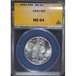 1942 WALKING LIBERTY HALF DOLLAR, ANACS MS-64